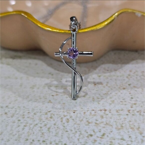 Sterling Silver Cross Pendant Necklace – Purple Amethyst Gemstone 18" Chain - Picture 6 of 8